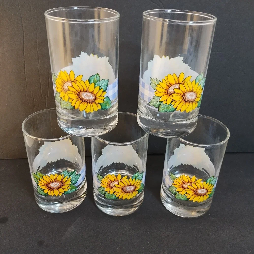 VTG Corelle Sunsations CRISA 5 pc Juice Glass Set Sunflowers Gingham 7 oz Blue